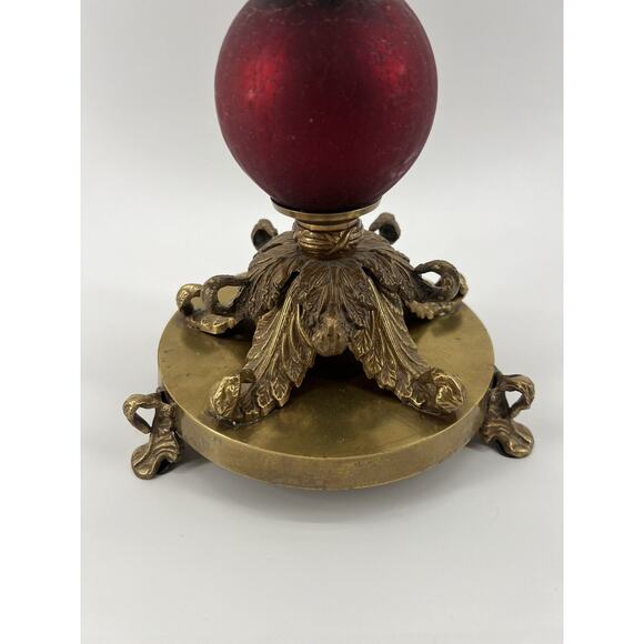 Victorian Baroque Ornate Beaded Ruby Red Glass Brass Candle Holder Prisms - Picture 6 of 11